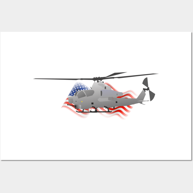 Grey Attack Helicopter with American Flag Wall Art by NorseTech